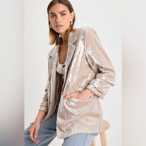 Radiant Behavior Beige Sequin Ruched Sleeve Blazer